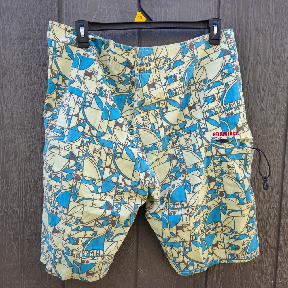 Gramicci Board Shorts Swim Trunks Geometric Print Blue Yellow Men's Size 38